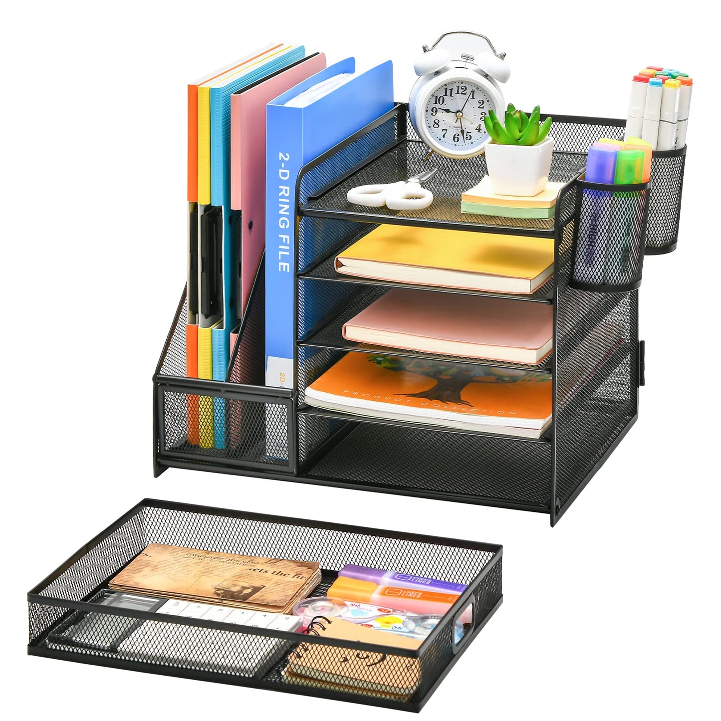 Desk organizer with file holder: 5 storage compartments with drawer, 2 pen holders (black)