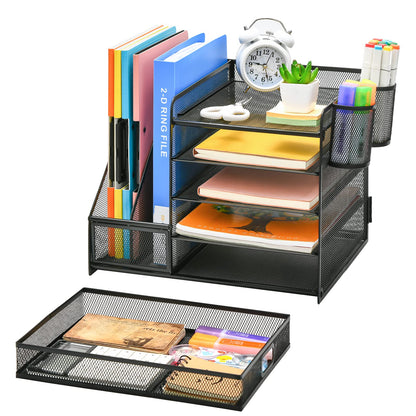 Desk organizer with file holder: 5 storage compartments with drawer, 2 pen holders (black)