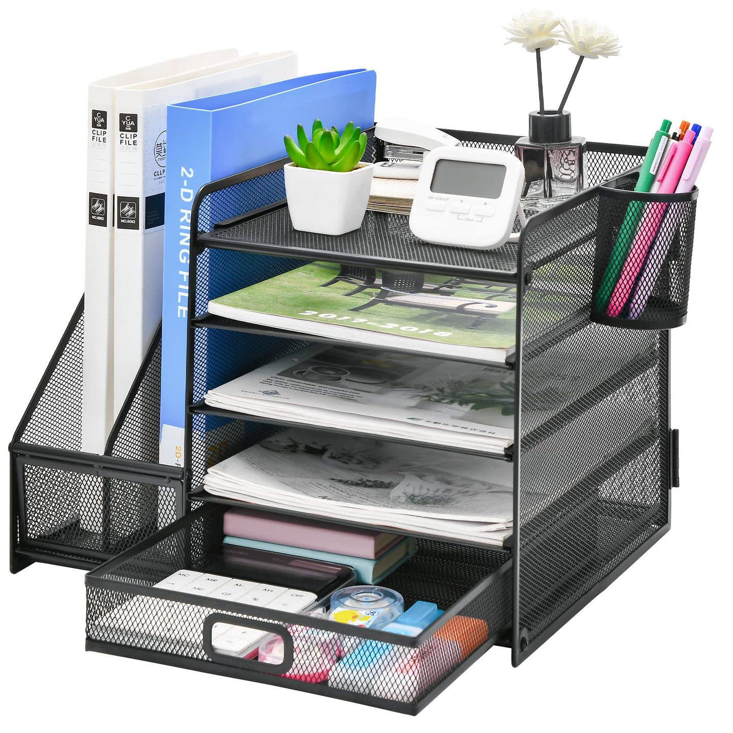 Desk organizer with file holder: 5 storage compartments with drawer, 2 pen holders (black)