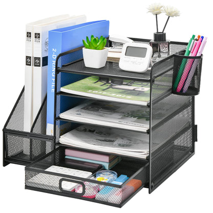 Desk organizer with file holder: 5 storage compartments with drawer, 2 pen holders (black)