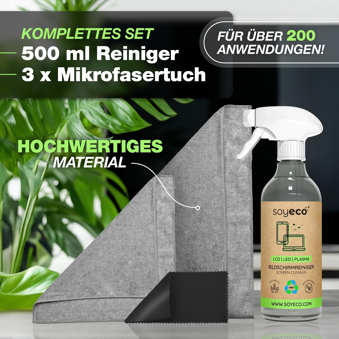 Screen cleaning spray (500ml) &amp; 3x microfiber cloth: Cleaning fluid for smartphones, TVs, monitors