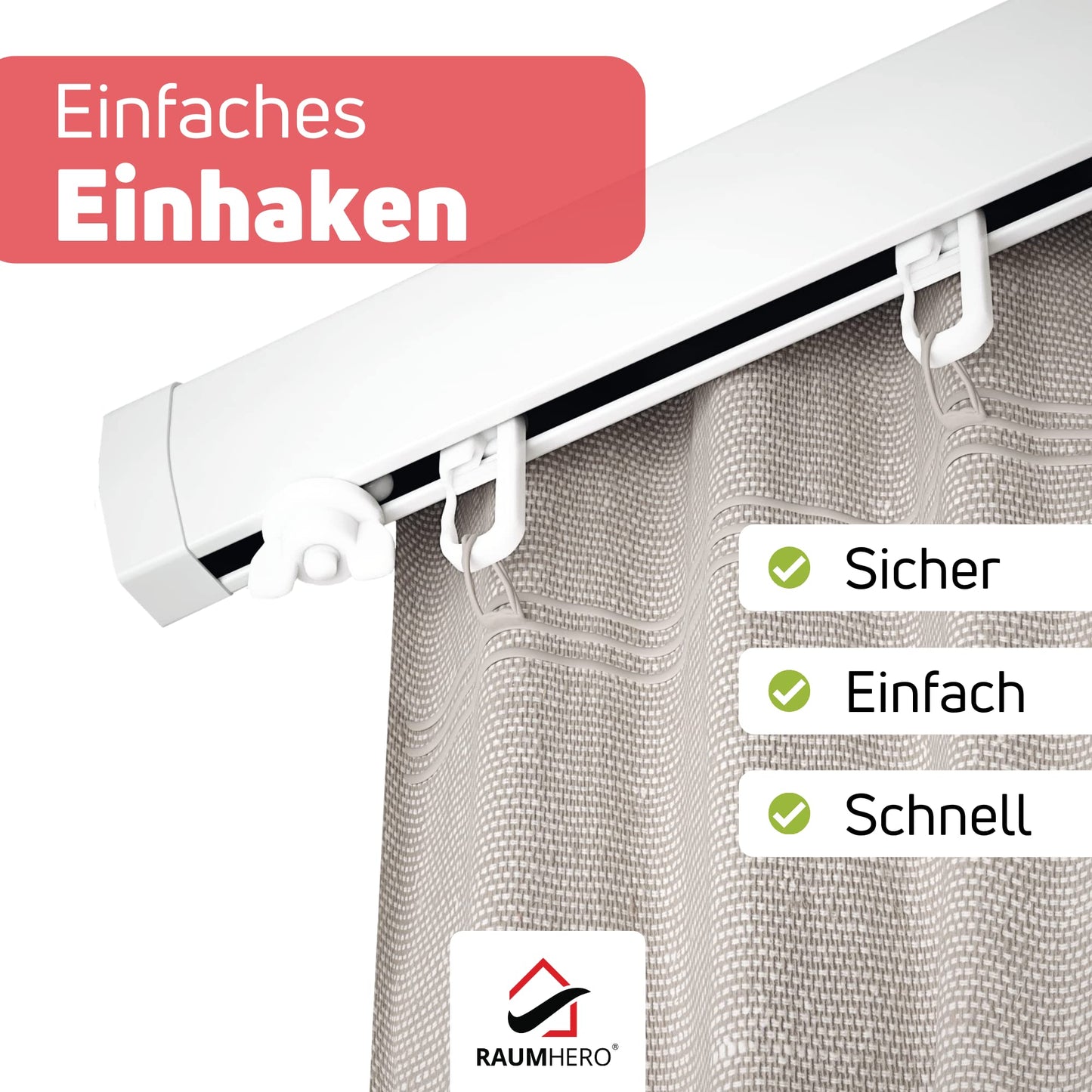 Raumhero curtain roller gliders (100 hooks &amp; 6 fasteners) -White- Made in Germany