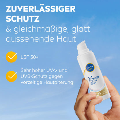 NIVEA SUN 2-in-1 Primer Daily UV Serum SPF 50+ | Perfume-free with hyaluronic acid and antioxidants (30 ml)