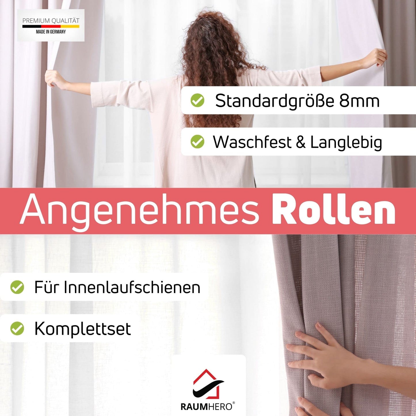 Raumhero curtain roller gliders (100 hooks &amp; 6 fasteners) -White- Made in Germany