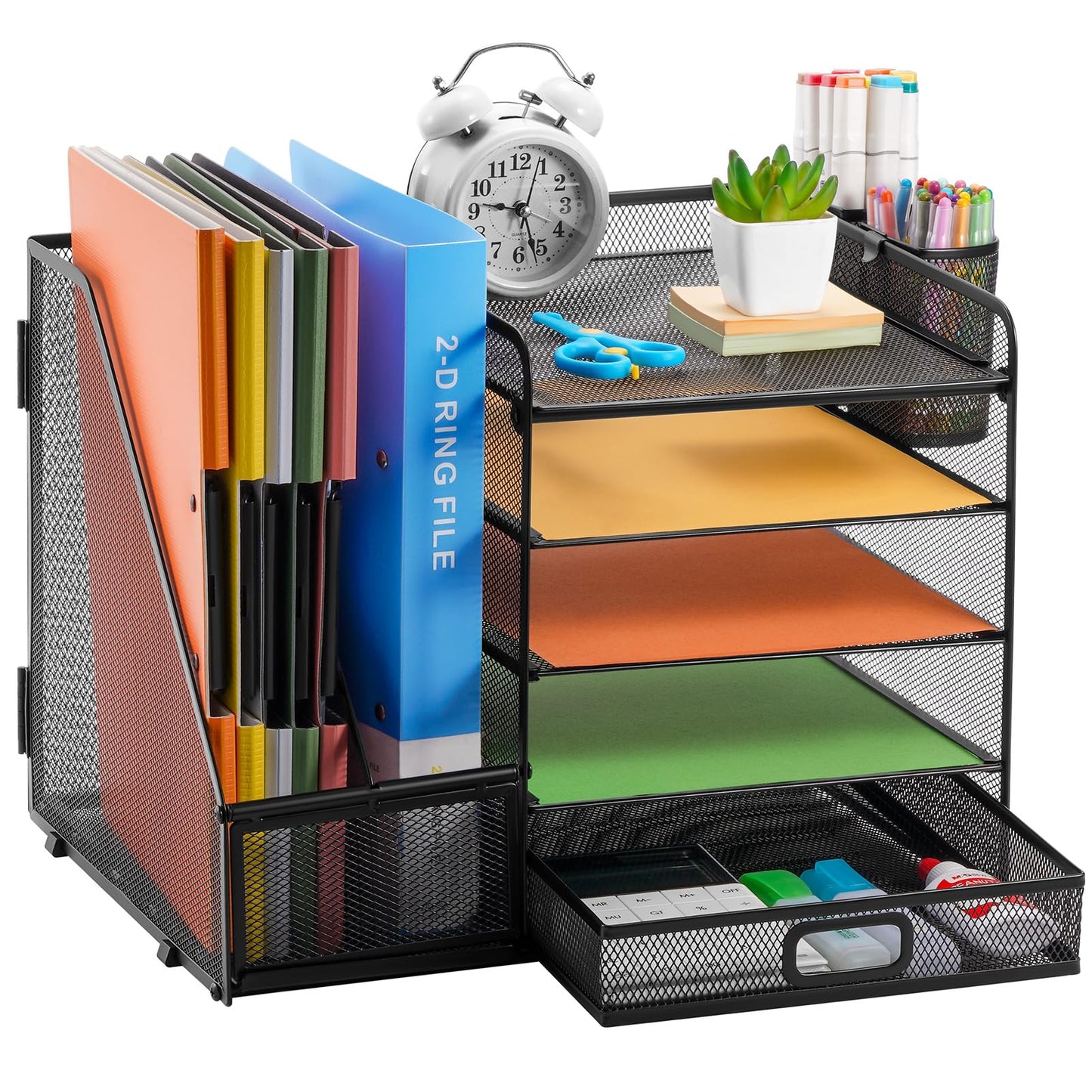 Desk organizer with file holder: 5 storage compartments with drawer, 2 pen holders (black)