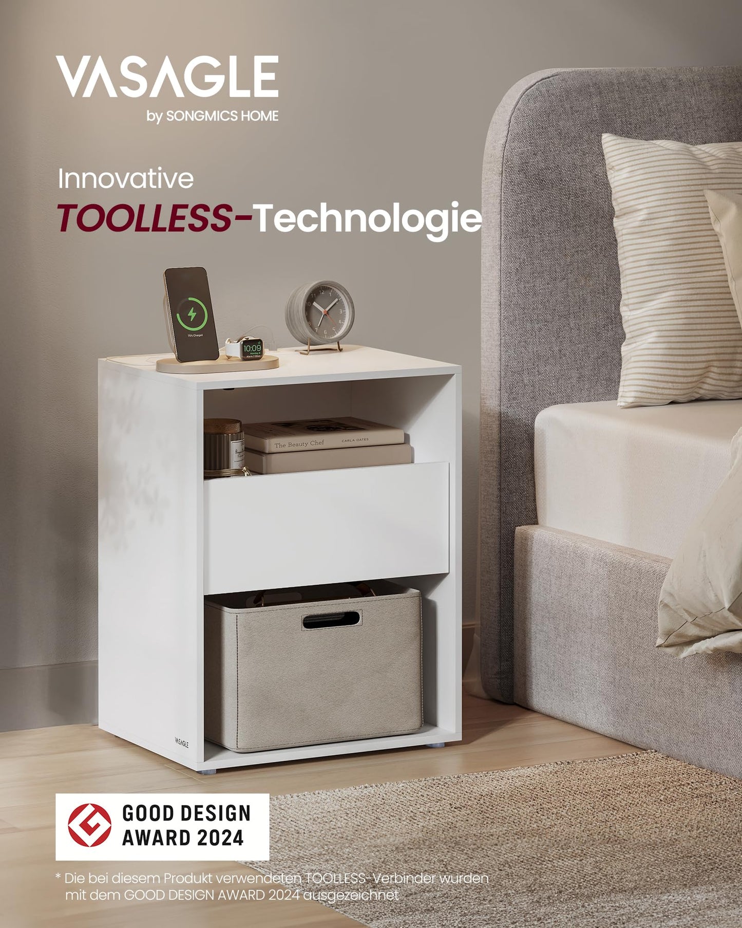 VASAGLE Side Table with Drawer &amp; Charging Function | Tool-Free Assembly (Matte White)