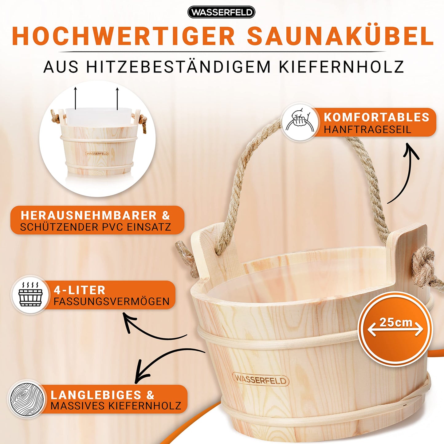 WASSERFELD® Sauna Bucket Set (4 liters) with ladle, hourglass, thermometer &amp; hygrometer | Heat-resistant