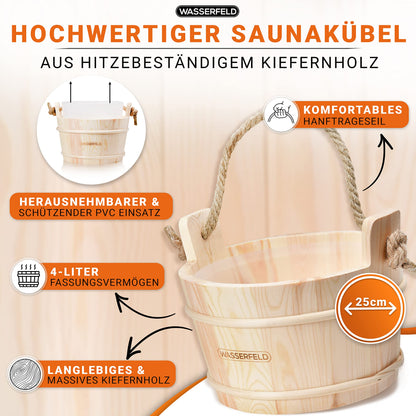 WASSERFELD® Sauna Bucket Set (4 liters) with ladle, hourglass, thermometer &amp; hygrometer | Heat-resistant