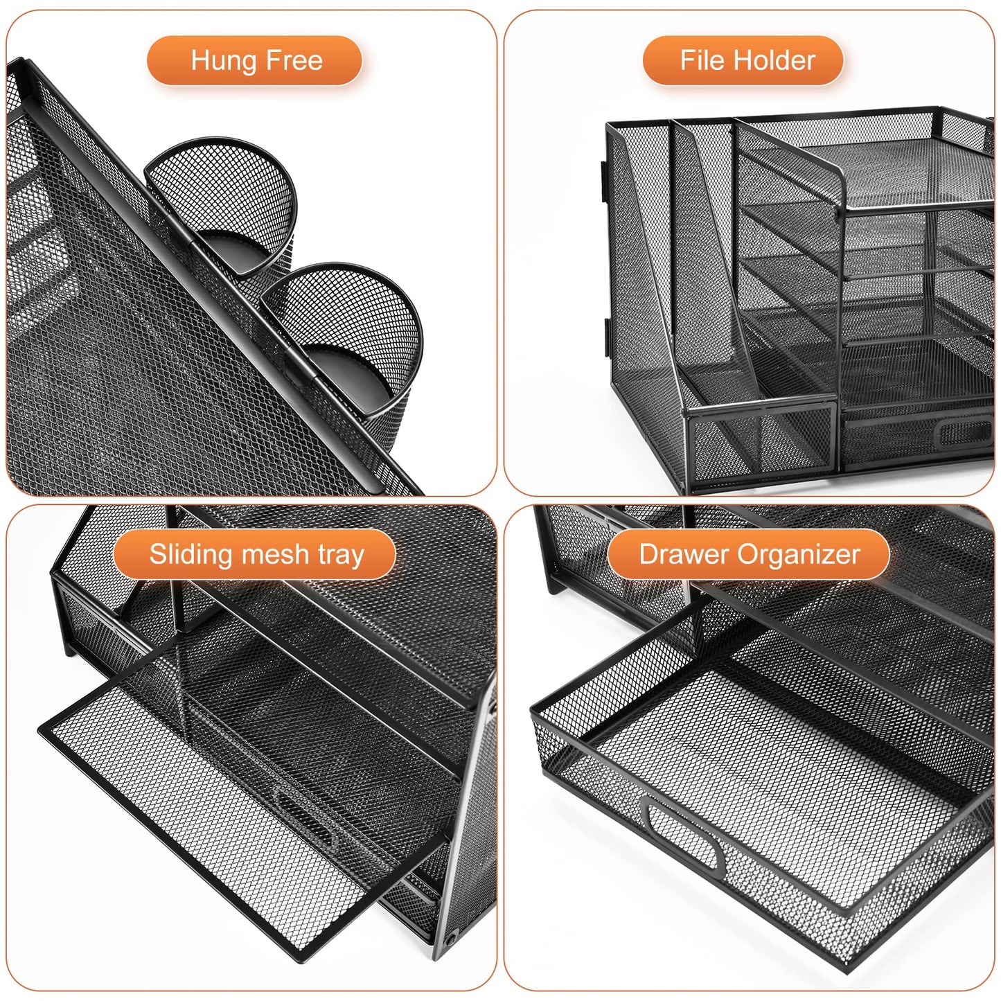 Desk organizer with file holder: 5 storage compartments with drawer, 2 pen holders (black)