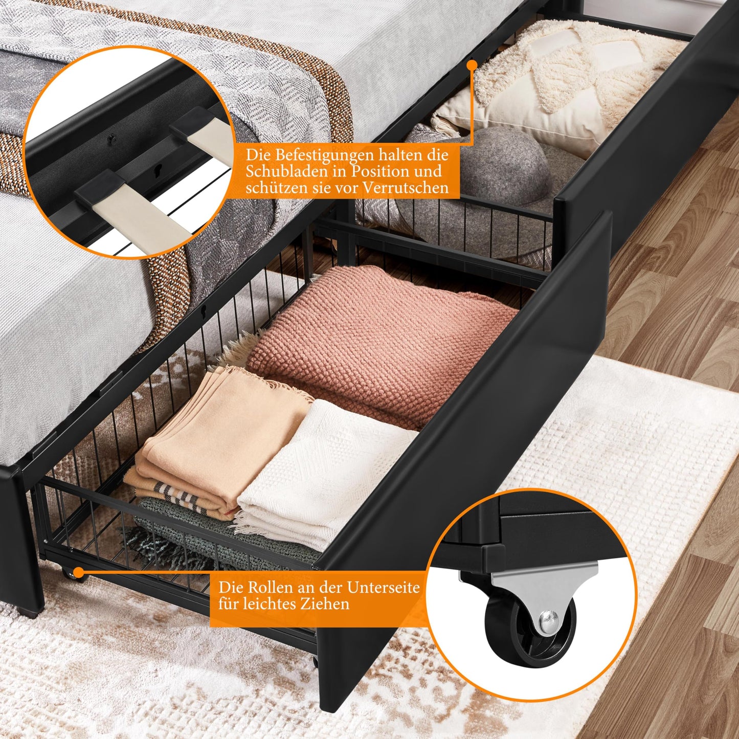 Upholstered bed with 4 storage drawers (140x200cm): Double bed frame with slatted frame | Black