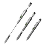 Stylo multifonction 6 en 1 : stylet tactile, tournevis (plat + cruciforme), règle, niveau à bulle, stylo à bille