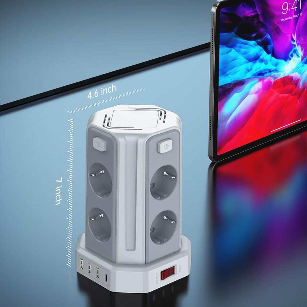 Multiple power strip with switch &amp; surge protection: 3m extension cable for home, office