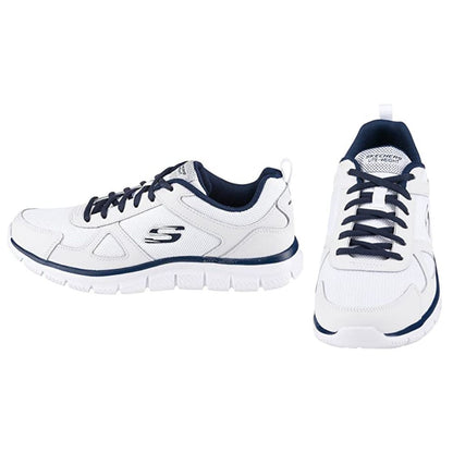 Skechers Track Scloric Herren-Sneaker: White Leather Mesh Pu Navy Trim