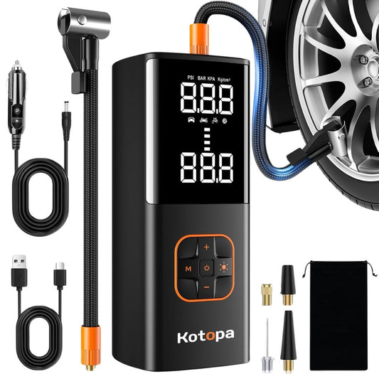 KOTOPA Electric Air Pump (150PSI): Rechargeable Air Compressor with 4 Adapters